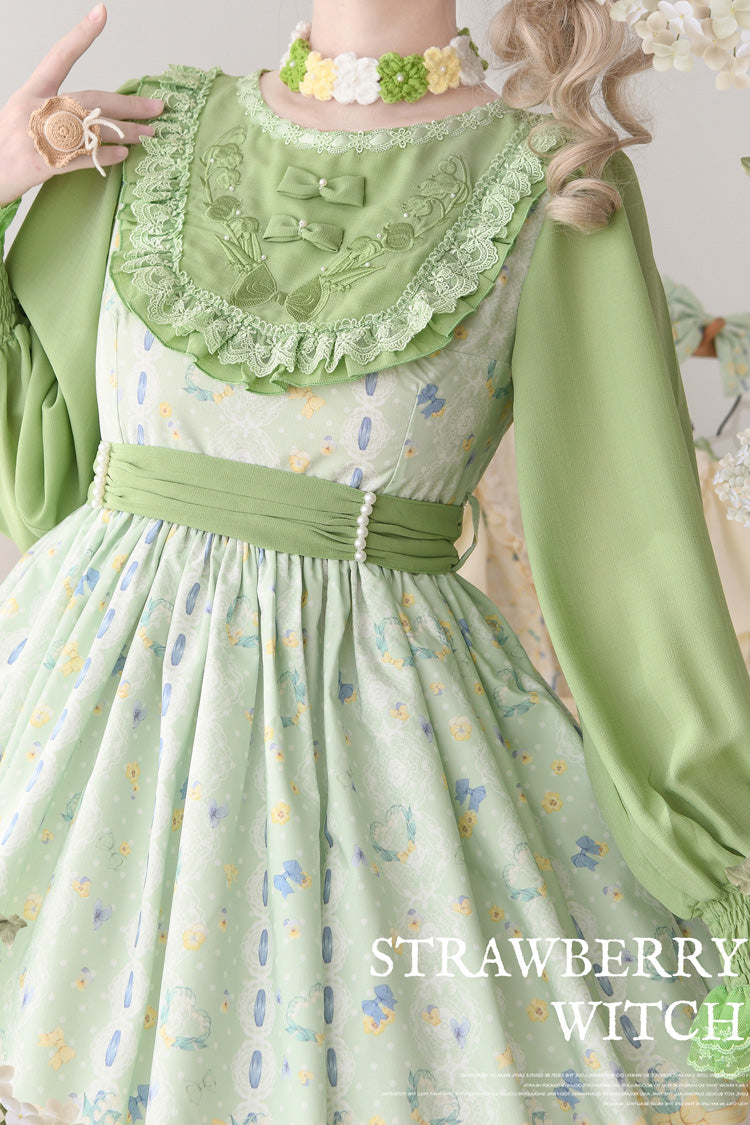 Green [Lily of the Valley Cat] Print Ruffle Embroidery Bowknot Sweet Lolita Dress - Product - 6