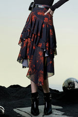 Black/Red Layered Irregular Skirt Pattern Printing Decoration High Waist Chiffon Women's Punk Skirt - Product - 2
