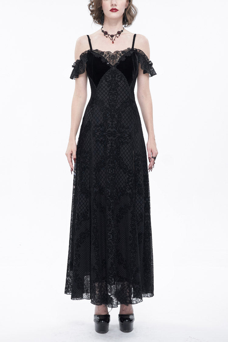 Black Velvet Lace Off Shoulder Ruffled Double Layer Slit Women's Gothic Dresses - Black - 1