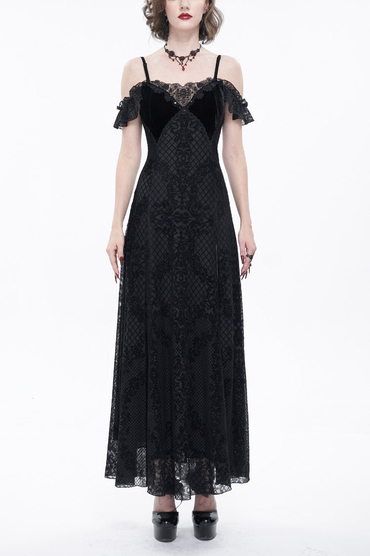 Black Velvet Lace Off Shoulder Ruffled Double Layer Slit Women's Gothic Dresses - Black - 1