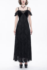Black Velvet Lace Off Shoulder Ruffled Double Layer Slit Women's Gothic Dresses - Black - 1