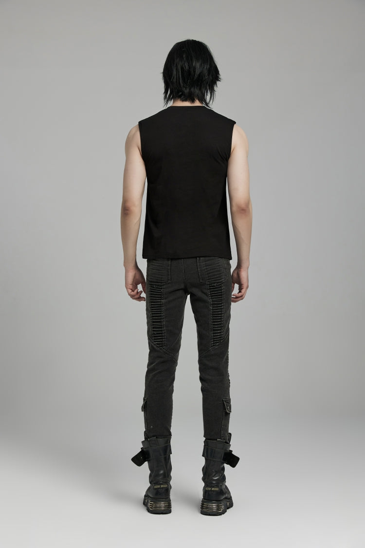 Black Spliced Slim Mesh Eyelet Men's Punk Vest - Product - 4