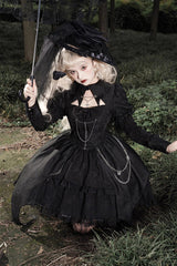 Black Dark Night Law Long Sleeves High Waisted Cardigan Bowknot Lace Gothic Lolita Dress - Product - 3