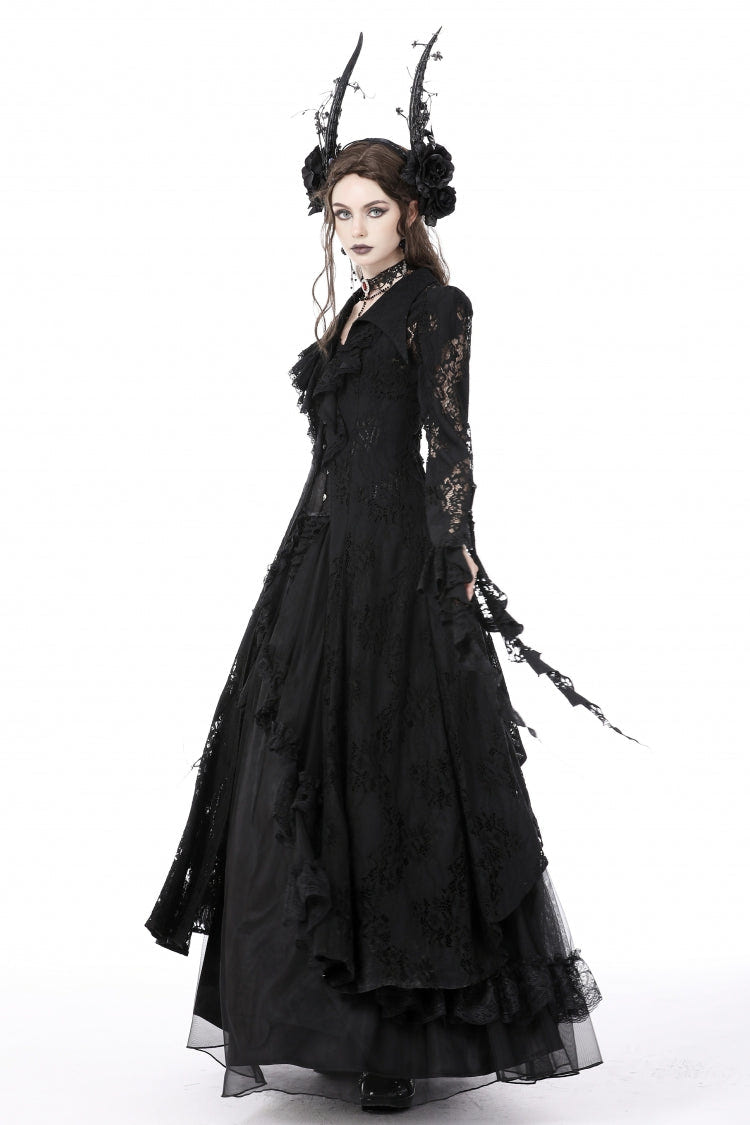 Black Lapel Collar Long Sleeves Ruffled Irregular Lace Lace-Up Women's Gothic Jacket Dress - Product - 2