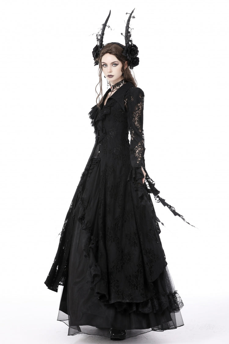 Black Lapel Collar Long Sleeves Ruffled Irregular Lace Lace-Up Women's Gothic Jacket Dress - Product - 2