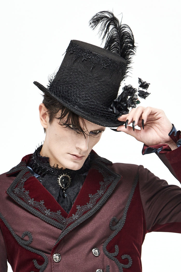 Black Women's Men's Gothic Noir Floral Feather Top Hat with Net Veil - Black - 5