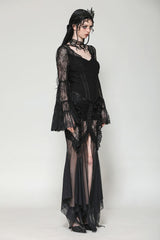 Black Women's Gothic V Collar Long Flared Sleeves Lace Patchwork Blouse - Product - 9