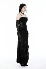 Black Sleeveless Side Slit Ruffled Lace Lace-Up Women's Gothic Maxi Slip Wedding Dress - Product - 8
