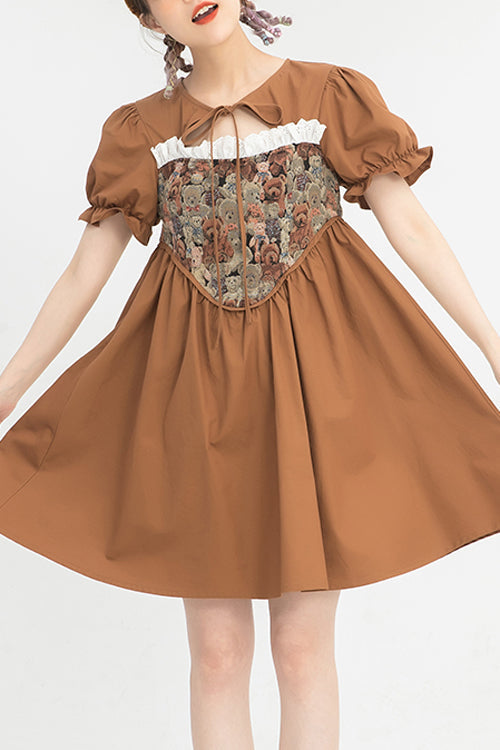 Brown Tie Neck Bear Print Jacquard Panel Bubble Short Sleeves High Waisted Sweet Lolita Dress - Brown - 1