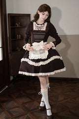 Brown [Miss Brown] Long Sleeves Double-Layered Ruffle Bouquet Embroidery Bowknot Sweet Lolita Dress (Short Version) - Product - 11