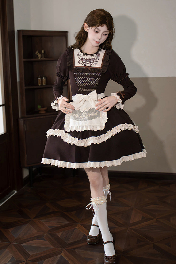 Brown [Miss Brown] Long Sleeves Double-Layered Ruffle Bouquet Embroidery Bowknot Sweet Lolita Dress (Short Version) - Product - 11