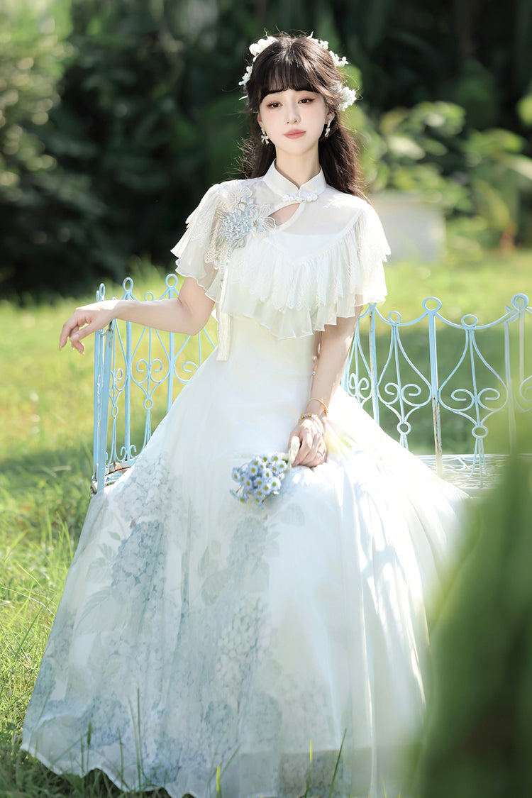 White [Hydrangea Message] Short Sleeves Print Ruffle Lace Sweet Chinese Style Elegant Lolita Dress - Product - 3