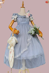 Sax Blue [Moon goddess *Mediana*] Polka Dot Print Ruffle Bowknot Asymmetric Sweet Elegant Lolita Dress - Blue - 1