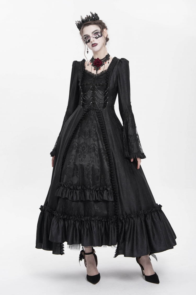 Black Long Sleeves Floral Embroidery Lace-Up Pleated Women's Gothic Dress - Product - 4