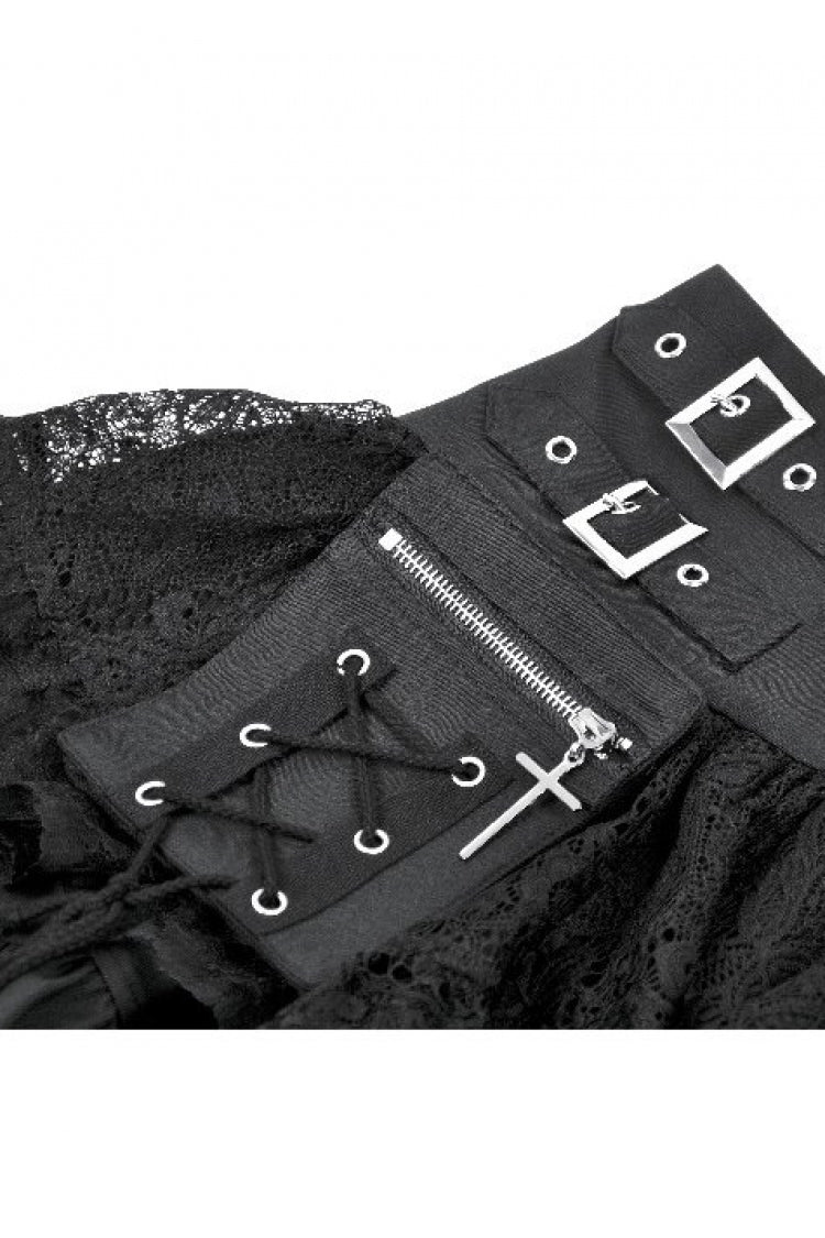 Black High Waisted Multi-Layered Ruffled Lace Patchwork Pocket Women's Punk Mini Skirt - Product - 13