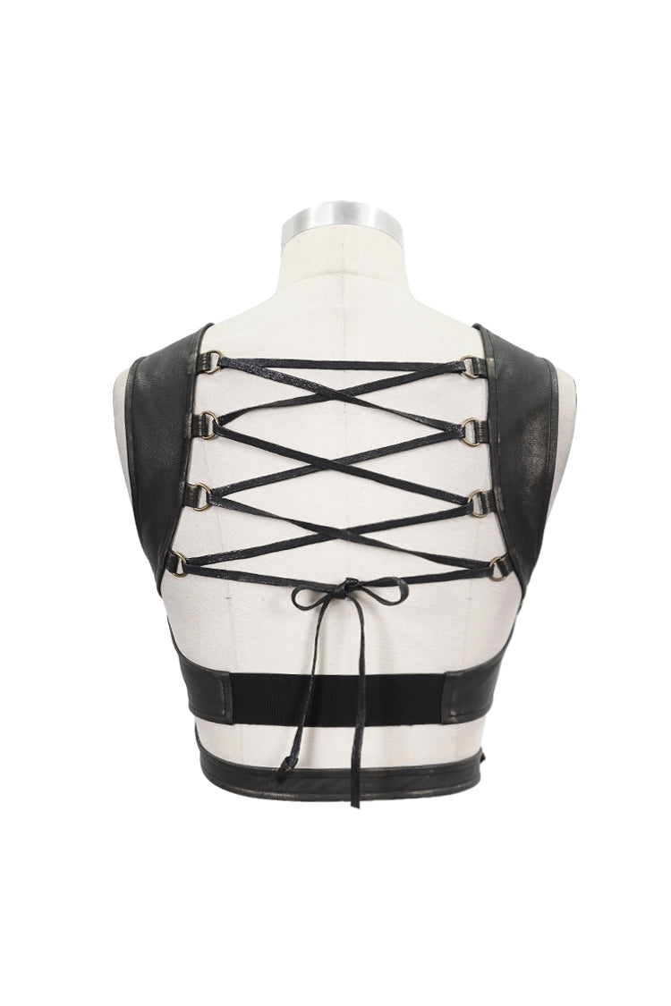 Brown Vintage Hand Wiped Leather Shoulder Loop Backless Lace Up Short Women's Punk Waistcoat - Product - 8
