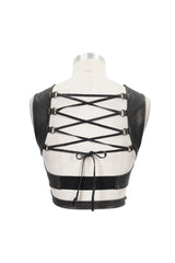 Brown Vintage Hand Wiped Leather Shoulder Loop Backless Lace Up Short Women's Punk Waistcoat - Product - 8