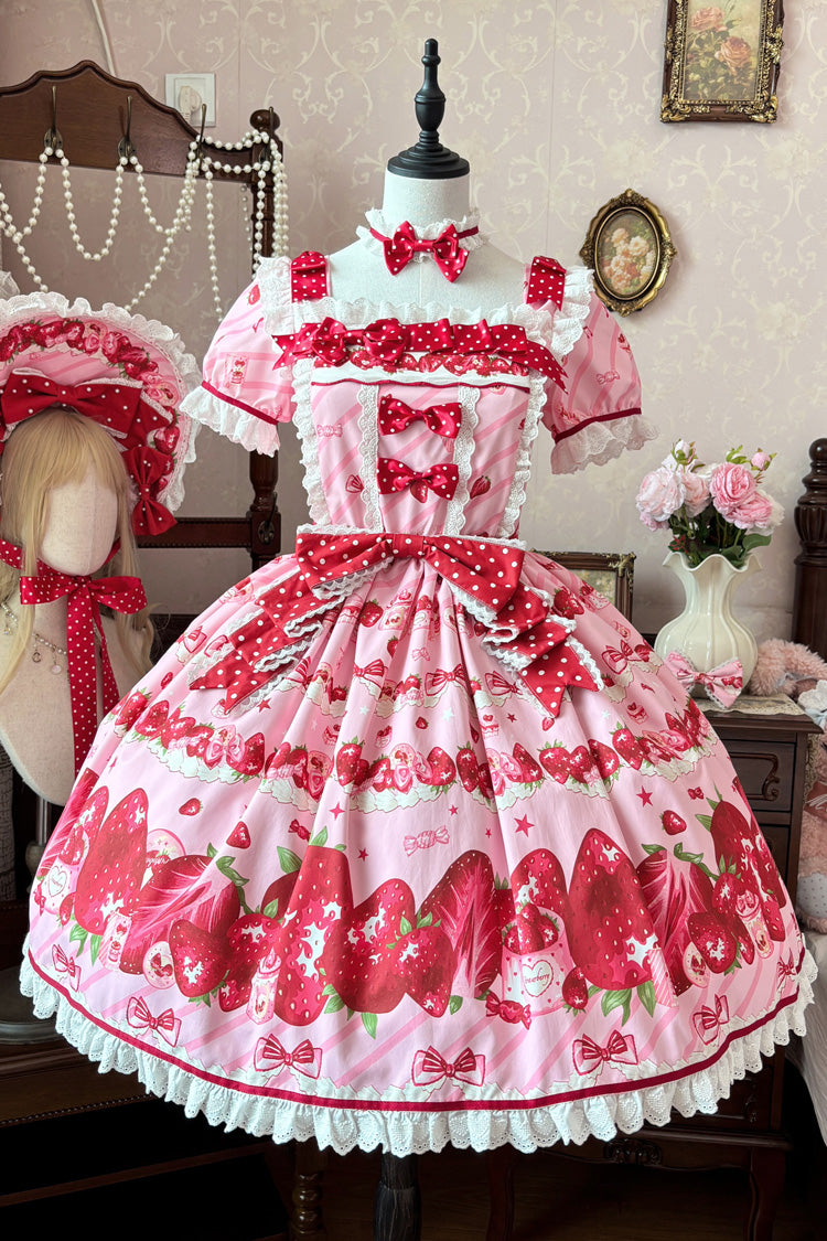 Pink [Strawberry Gift Box] Short Sleeves Print Ruffle Bowknot Lace Sweet Lolita Dress - Product - 3