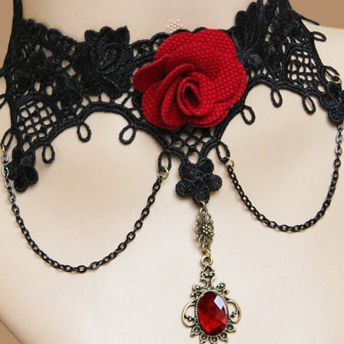 Red Rose Retro Palace Choker Black Lace Female Gothic Necklace - Red - 1