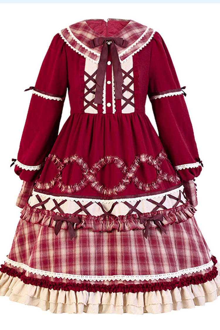 Red Retro Lantern Long Sleeves Plaid Stitching Bowknot Ruffled Tiered Sweet Lolita OP Dress - Product - 5