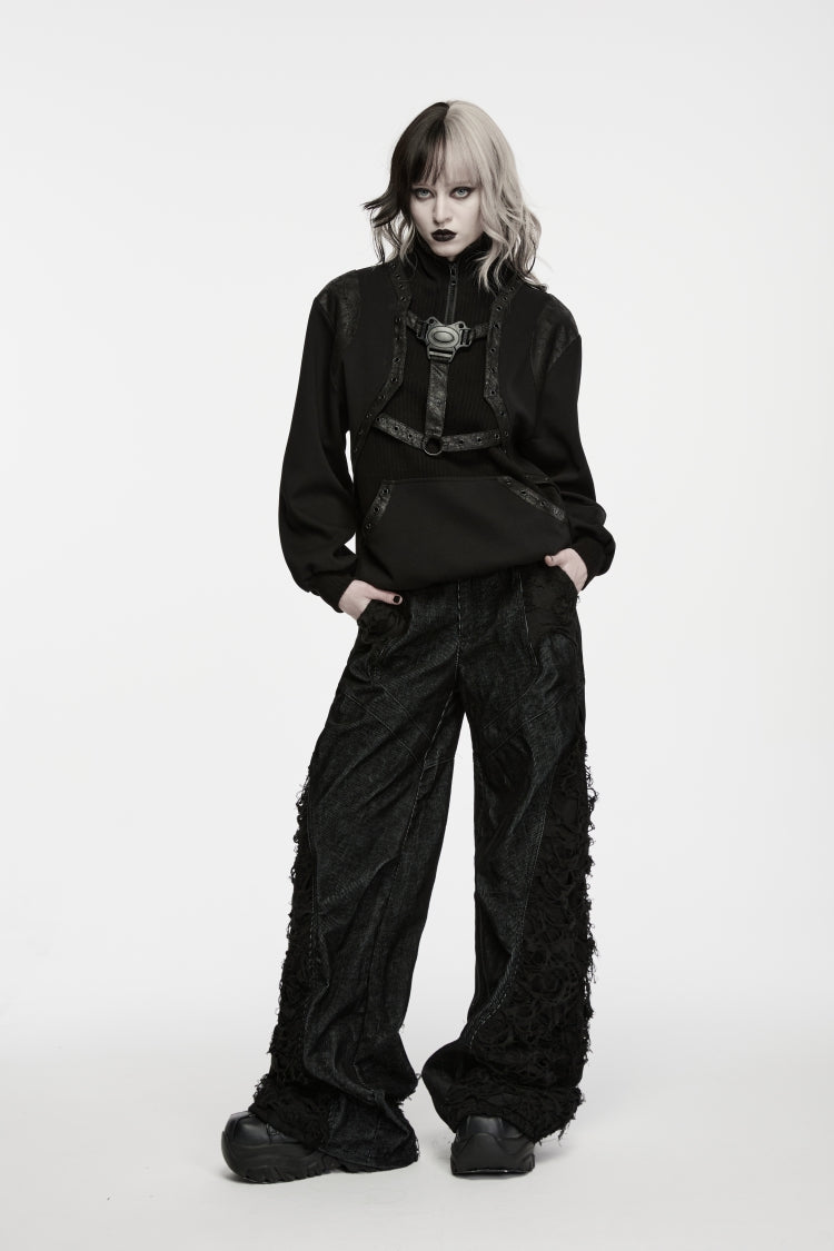Black Stand Collar Long Sleeves Cut-Out Patchwork Eyelet Women's Punk Coat - Product - 5