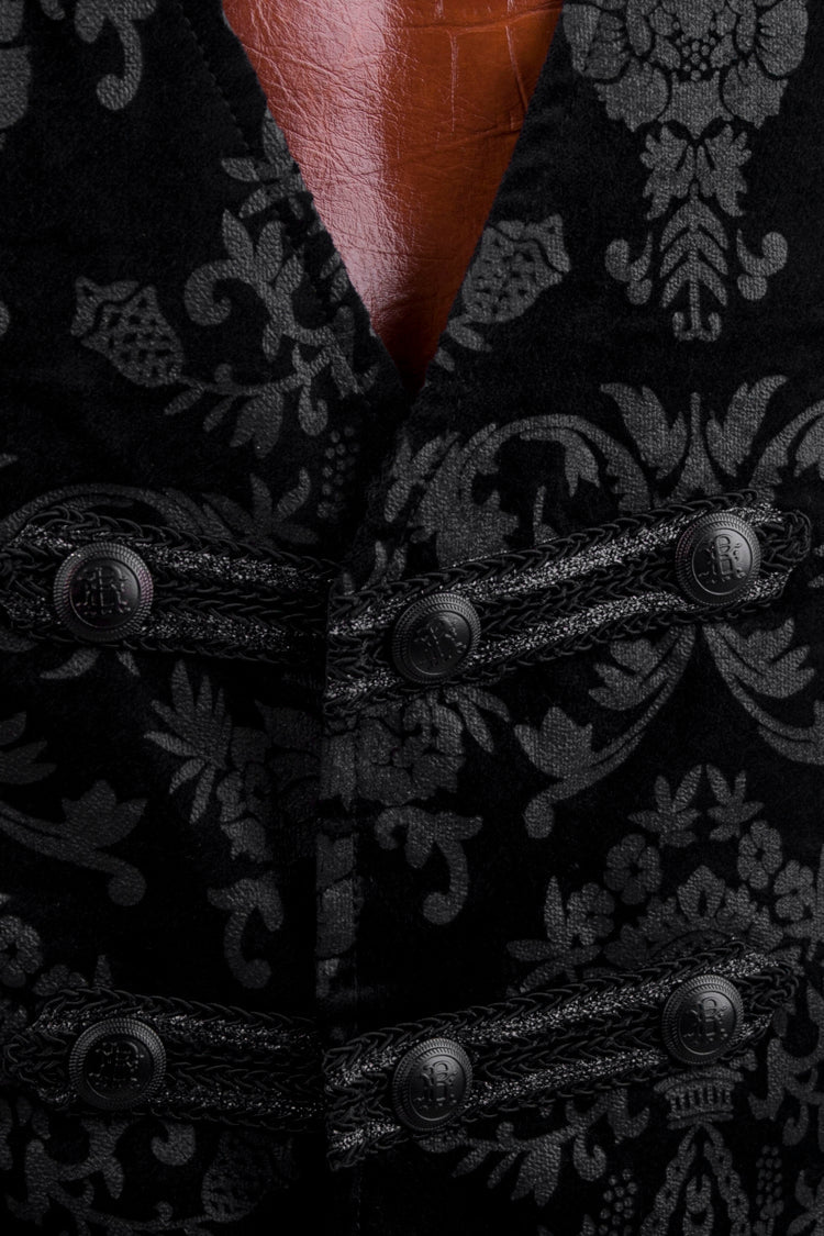 Black Retro Jacquard Front Woven Strap Metal Button Men's Gothic Vest - Product - 14