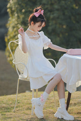 White Ruffled Square Collar Bubble Short Sleeves Double Layer Embossed Fabric Sweet Lolita Dress - Product - 4