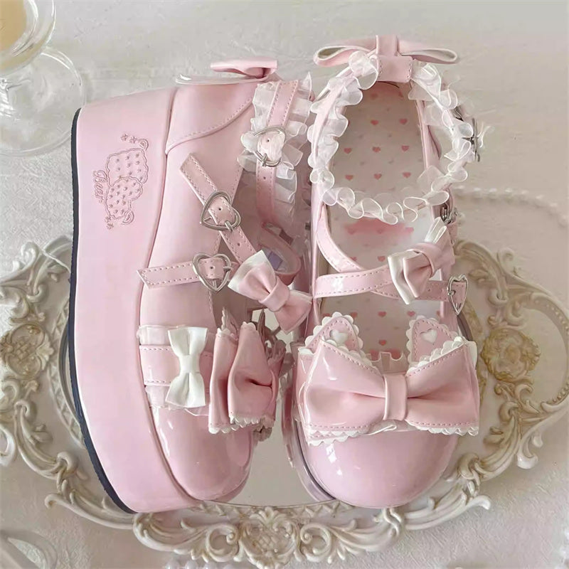 Confession Willingness Height Increasing Print Bowknot Lace Sweet Lolita Shoes 4 Colors - Pink - 6