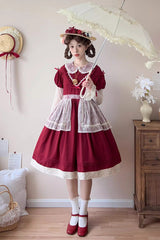 Red [Mist over Flowers Along the Path] Lapel Collar Long Sleeves Embroidery Bowknot Lace Sweet Lolita Dress - Product - 3