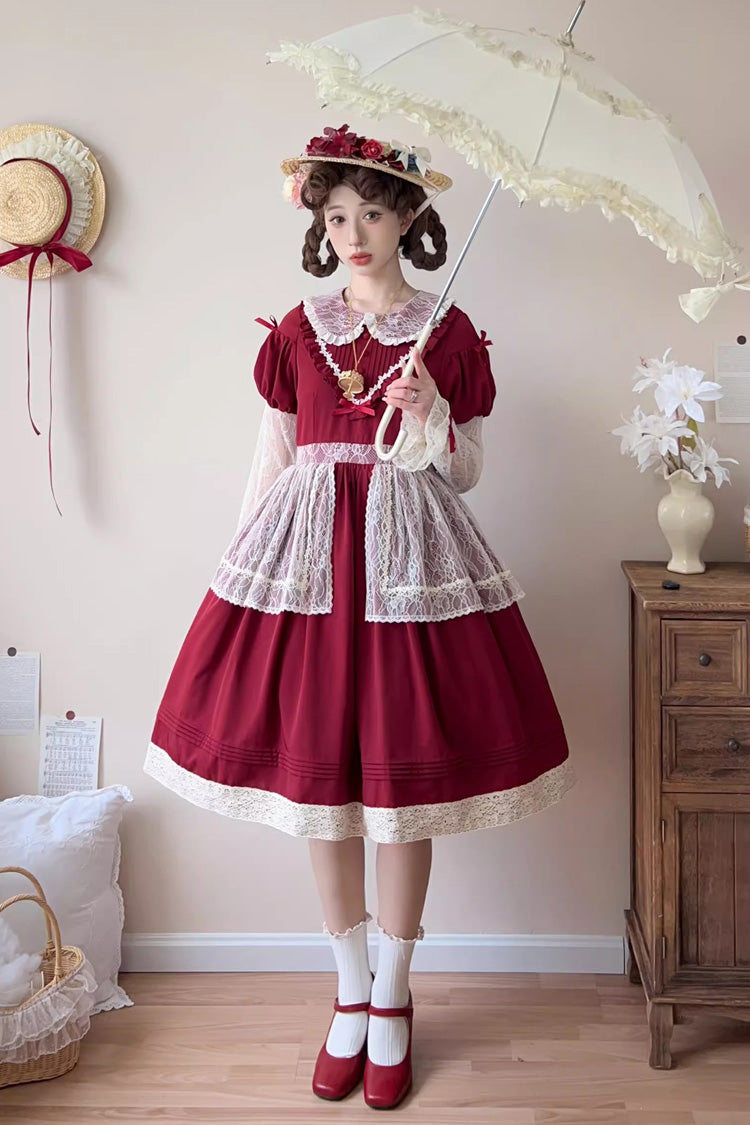 Red [Mist over Flowers Along the Path] Lapel Collar Long Sleeves Embroidery Bowknot Lace Sweet Lolita Dress - Product - 3