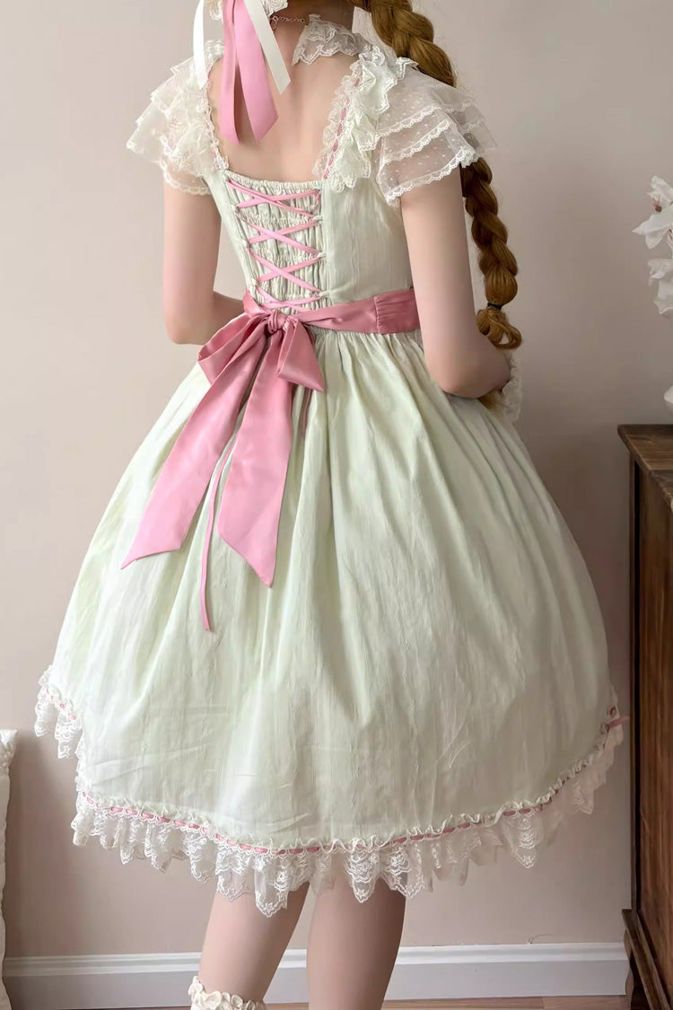 Green [Sakura’s Spring Resonance] Sleeveless Ruffled Bow Sweet Lolita Jsk Dress (Short Version) - Product - 6