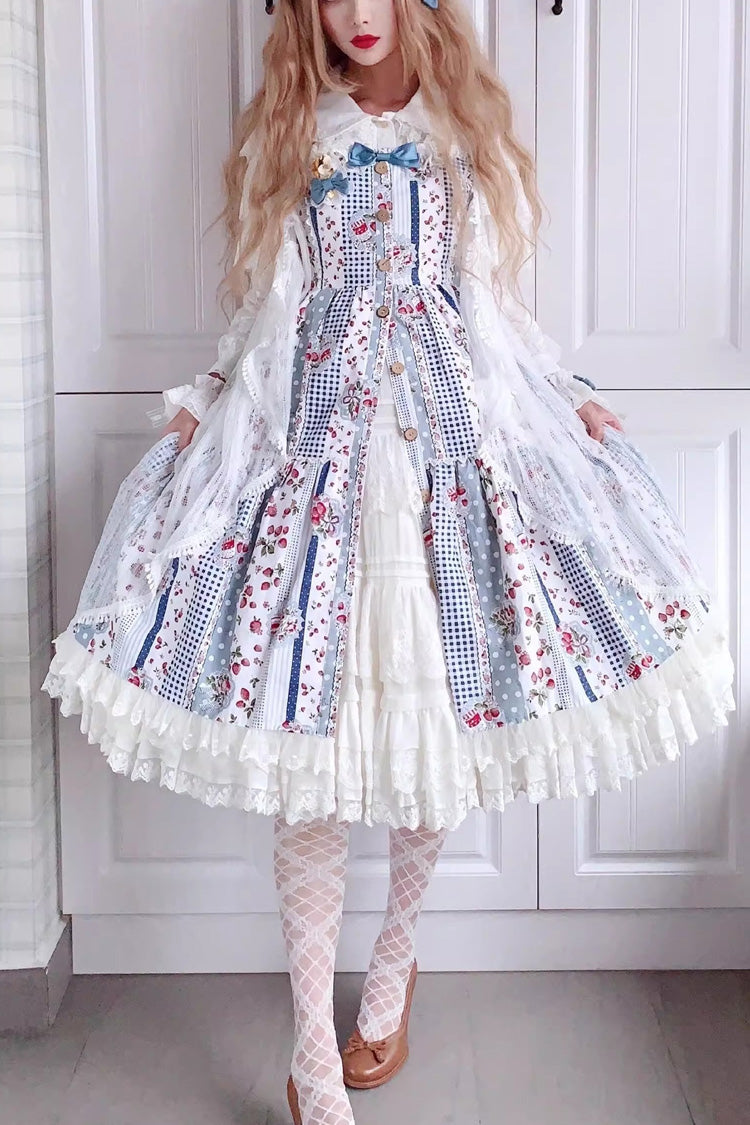 Light Blue Strawberry Plaid Print Bowknot Sleeveless Ruffle Sweet Lolita Dress - Light Blue - 1
