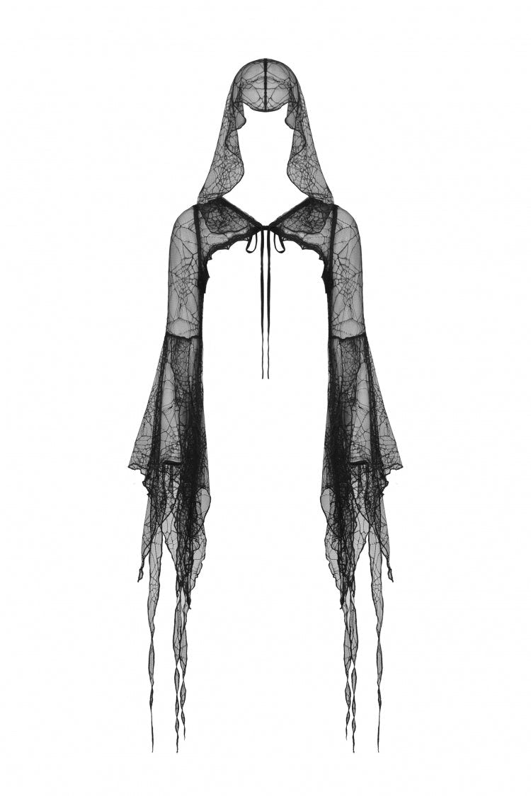 Black Spider Exaggerated Long Flared Sleeves Lace-Up Sheer Women's Gothic Cape with Hood - Product - 3