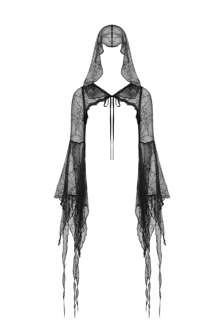 Black Spider Exaggerated Long Flared Sleeves Lace-Up Sheer Women's Gothic Cape with Hood - Product - 3