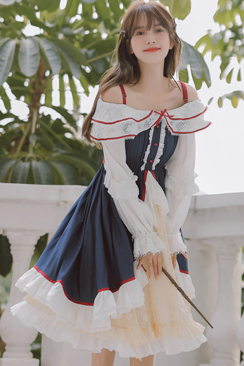 Blue/White Strapless Ruffled Long Sleeve ChiffonHigh Waisted Sweet Lolita Dress - Product - 2