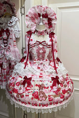 Red/Pink [Sweet Berry Bunny Bear] Half Sleeves Printed Bow Lace Lace-Up Sweet Lolita OP Dress - Product - 3