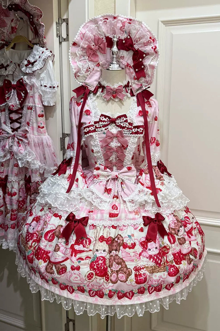 Red/Pink [Sweet Berry Bunny Bear] Half Sleeves Printed Bow Lace Lace-Up Sweet Lolita OP Dress - Product - 3