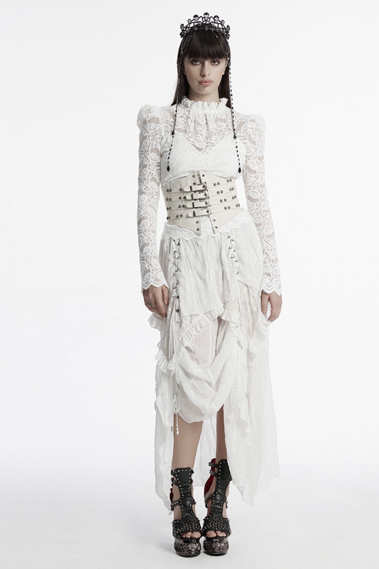 White Ruffle Stitching Lace Lace-Up High/low Women's Gothic Skirt - Product - 4
