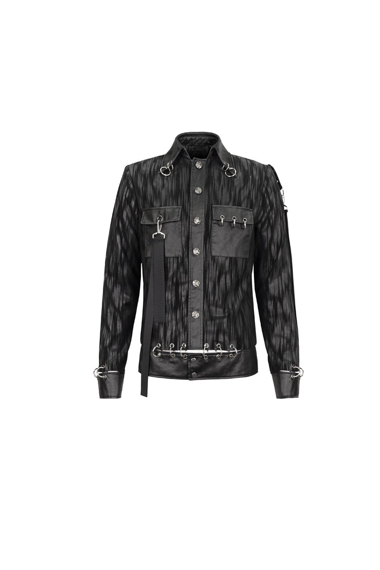 Black Metal Ring Perforated Lapel Lapel Button Handsome Men's Punk Jacket - Product - 7
