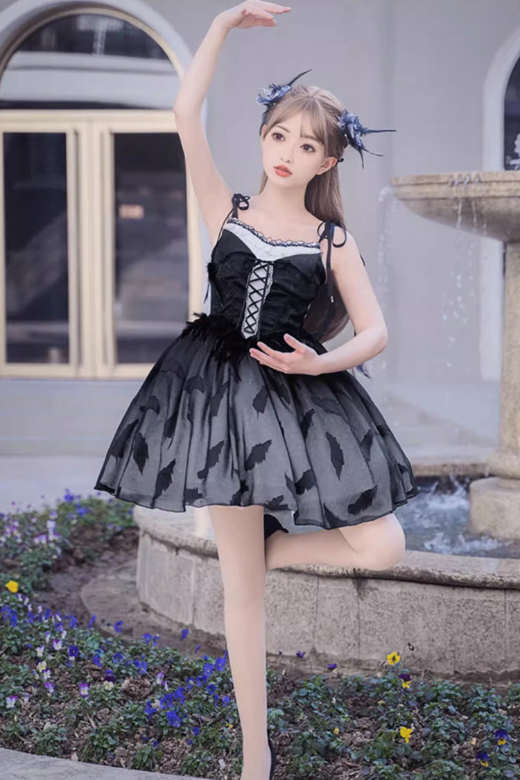 Silent Melody Elegant Black Swan Ballet Feather Print Gothic Lolita Jsk Dress - Product - 2