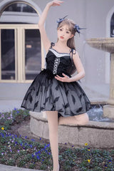Silent Melody Elegant Black Swan Ballet Feather Print Gothic Lolita Jsk Dress - Product - 2