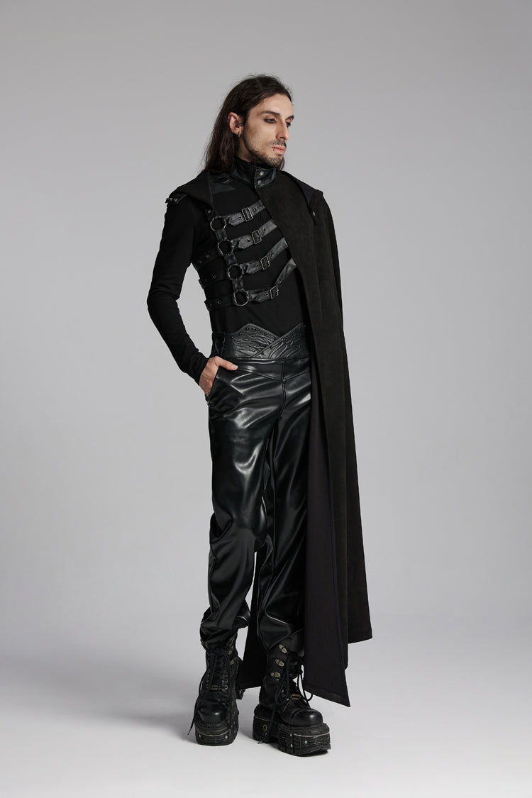 Black Hooded Buckle-up Rivets Men's Punk Cloak - Product - 5