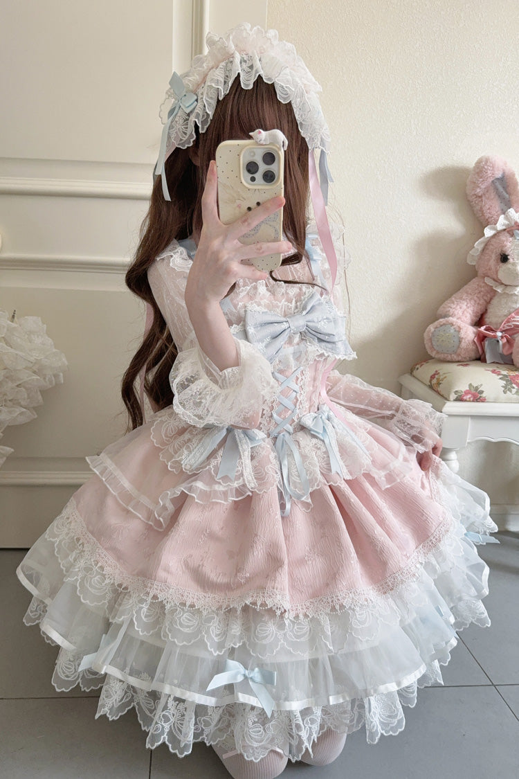 Pink [Fleishi Island] Sleeveless Ruffle Bowknot Lace Slim Sweet Ballet Lolita Jsk Dress - Product - 5