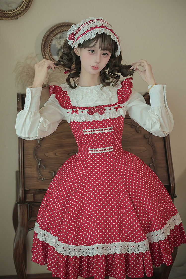 Red [Showa Memoir] Polka Dots Printed Ruffled Bow Sweet Lolita Dress - Product - 18