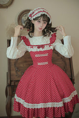 Red [Showa Memoir] Polka Dots Printed Ruffled Bow Sweet Lolita Dress - Product - 18