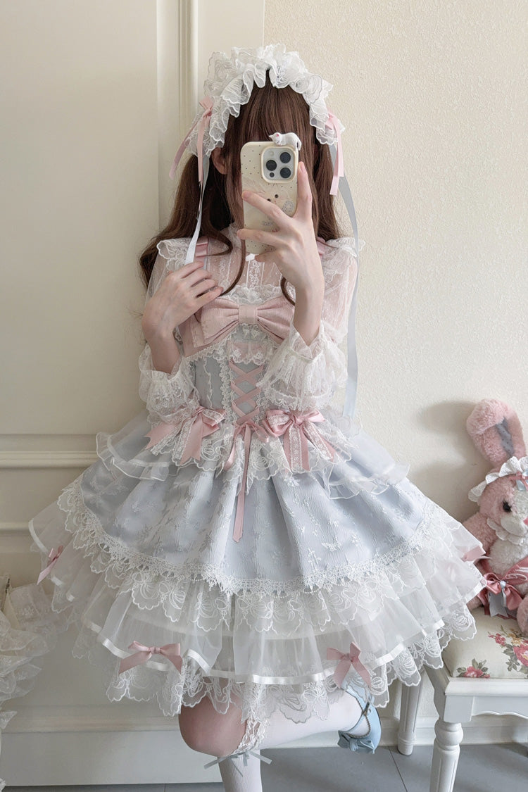Blue [Fleishi Island] Sleeveless Ruffle Bowknot Lace Slim Sweet Ballet Lolita Jsk Dress - Product - 8