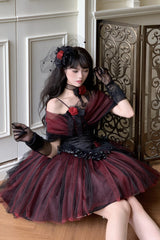 Black/Red [Sanglin’s Tribute] Off Shoulder Ruffled Gothic Lolita Dress - Product - 14