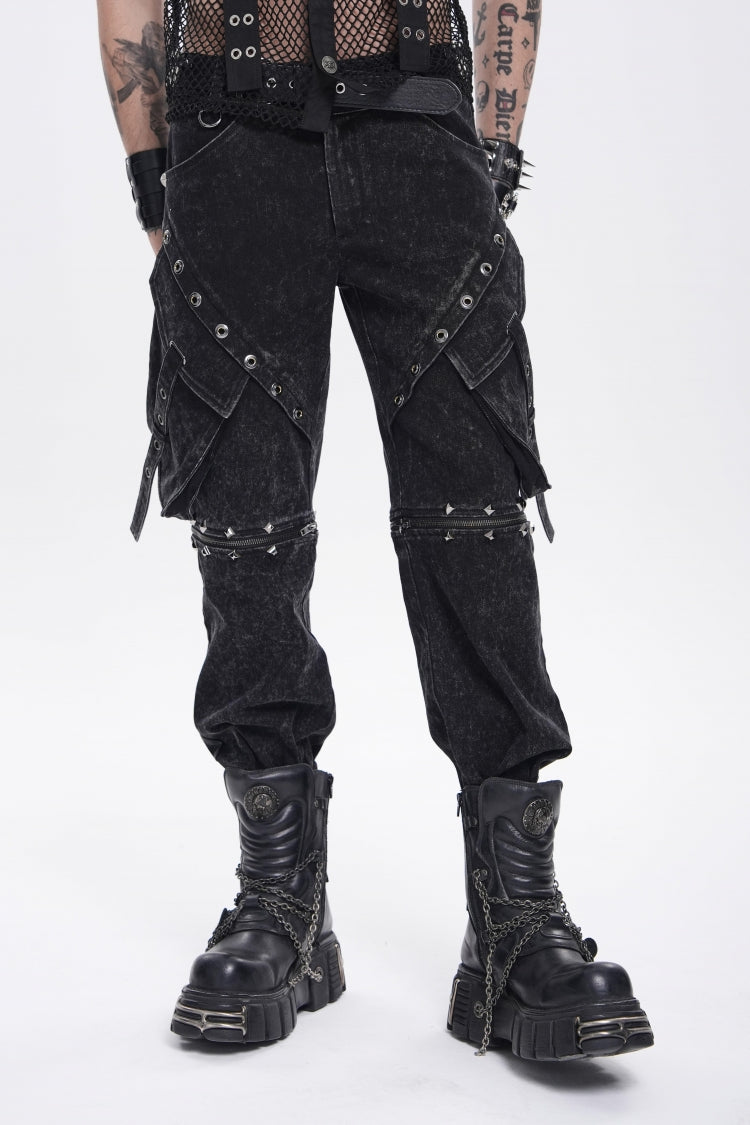 Black Spliced Detachable Studded Eyelet Men's Punk Cool Pants With Big Pockets - Product - 6