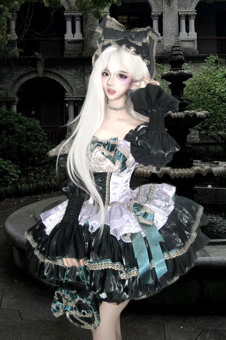 Green/Purple [The Little Mermaid's Tears] Sleeveless Multi-Layered Ruffled Bow Lace-Up Sweet Ballet Lolita Dress - Product - 4