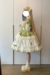 Green [Little Ida's Flowers] Short Sleeves Print Ruffle Bowknot Sweet Lolita Dress - Product - 12